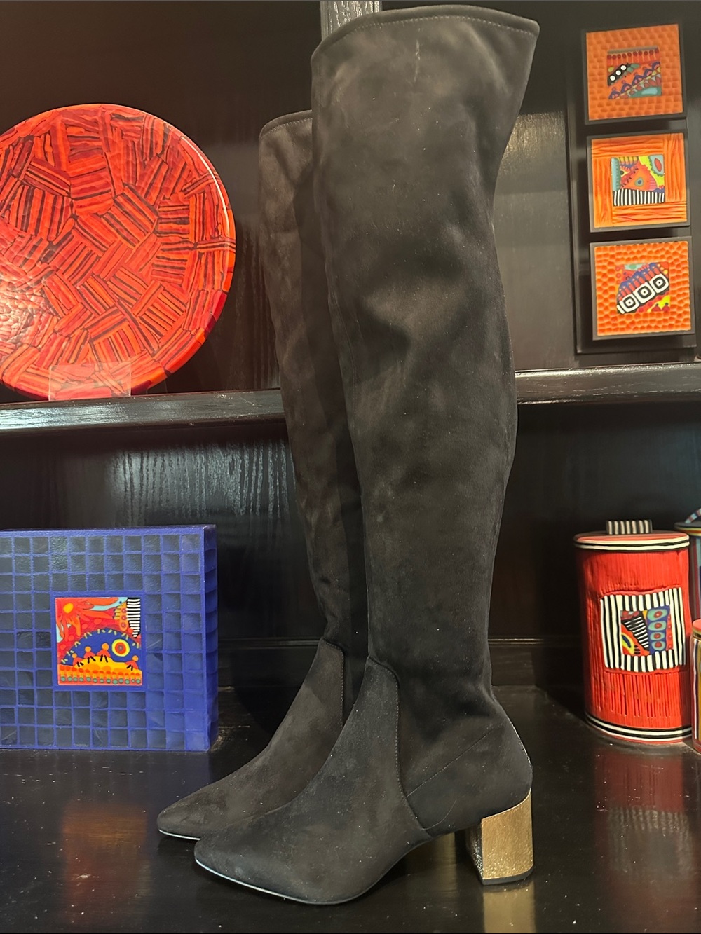 Calvin Klein Black Over-the-Knee Suede Boots with Gold Block Heel